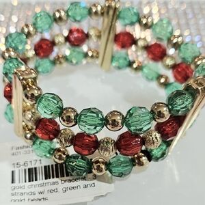 Nordstrom 3-Strand Red, Green & Gold Beaded Stretch Bracelet NWT